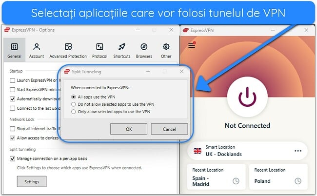 Imagine a aplicației Windows ExpressVPN, care arată caracteristica de tunel divizat.