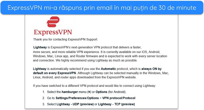 Captură de ecran pentru răspunsul prin e-mail de suport ExpressVPN