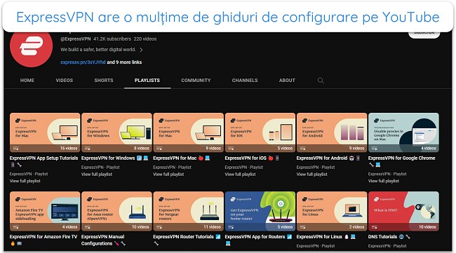 Captură de ecran a paginii YouTube ExpressVPN care arată toate ghidurile de configurare și tutorialele video