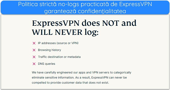 Imagine a site-ului web ExpressVPN care arată că ExpressVPN nu va înregistra date de identificare personală.
