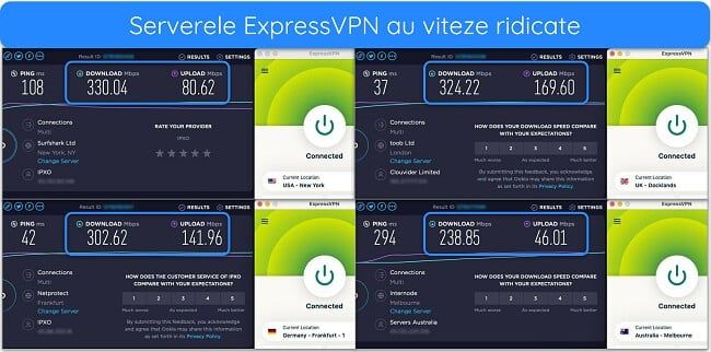 Imagini cu rezultatele testului de viteză Ookla, cu ExpressVPN conectat la servere din SUA, Marea Britanie, Germania și Australia