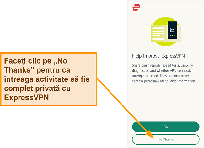 Captură de ecran a aplicației ExpressVPN care solicită permisiunea utilizatorului de a partaja cu compania rapoarte de avarie, test de viteză și alte date despre utilizatori