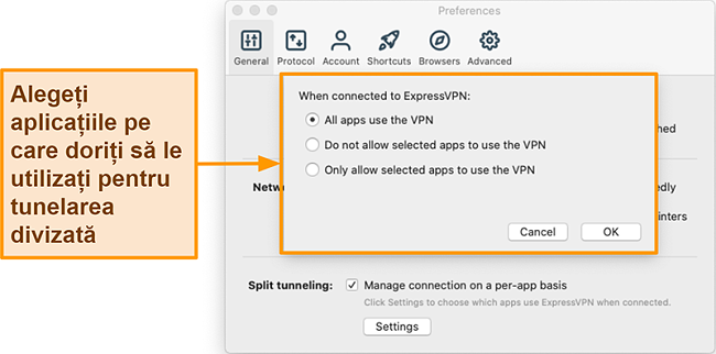 Captură de ecran a unui utilizator care configurează caracteristica de tunelare divizată în aplicația ExpressVPN