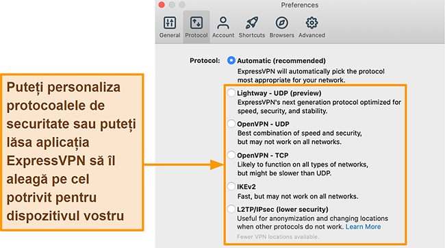 Captură de ecran a aplicației ExpressVPN care afișează toate protocoalele disponibile, inclusiv Lightway, OpenVPN, IKEv2 și L2TP / IPsec