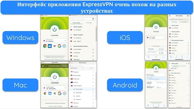 Изображения приложений ExpressVPN для Windows, Mac, iOS и Android, подключенных к серверам в Великобритании и отображающих список серверов.