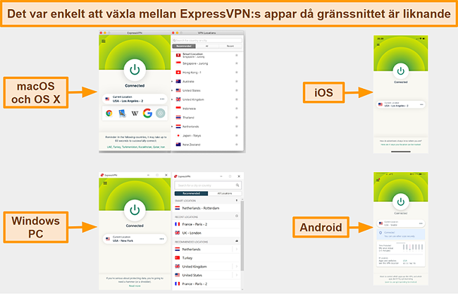 Skärmdump av ExpressVPNs appgränssnitt för Windows, Android, Mac och iPhone