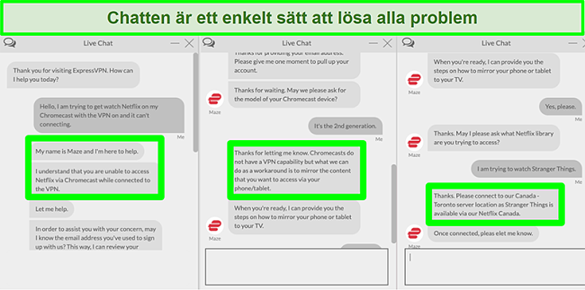 Skärmdump av en användare som kontaktar ExpressVPN över 24/7 livechatt och frågar hur man ser Netflix med Chromecast