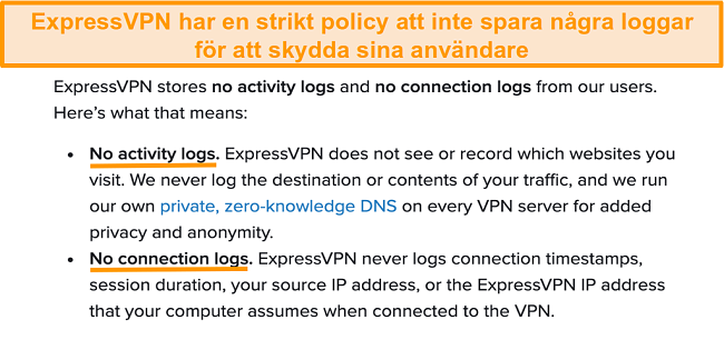 Skärmdump av ExpressVPNs sekretesspolicy på sin webbplats