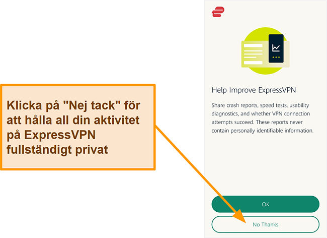 Skärmdump av ExpressVPN-appen som ber om användartillstånd för att dela kraschrapporter, hastighetstest och annan användardata med företaget