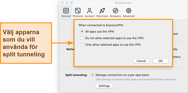 Skärmdump av en användare som ställer in funktionen för delad tunnling i ExpressVPN-appen