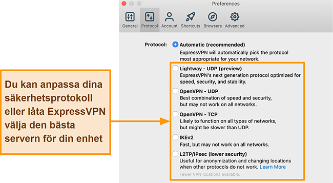 Skärmdump av ExpressVPN-appen som visar alla tillgängliga protokoll inklusive Lightway, OpenVPN, IKEv2 och L2TP / IPsec