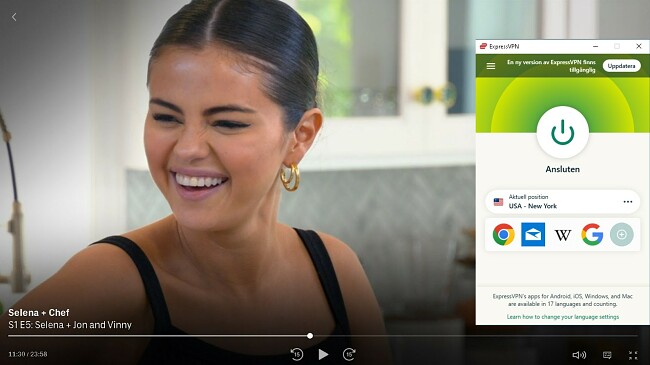 Skärmdump av ExpressVPN ansluten till en amerikansk server och avblockerar programmet Selena + chef på HBO Max