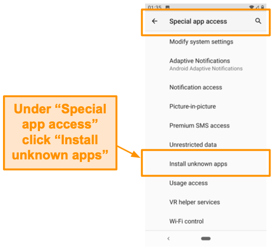 Screenshot of Special app access on Android