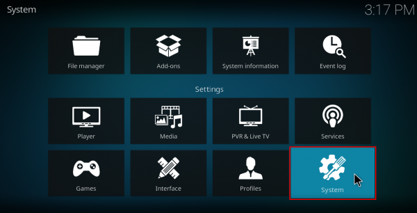 Screenshot of Kodi system screen