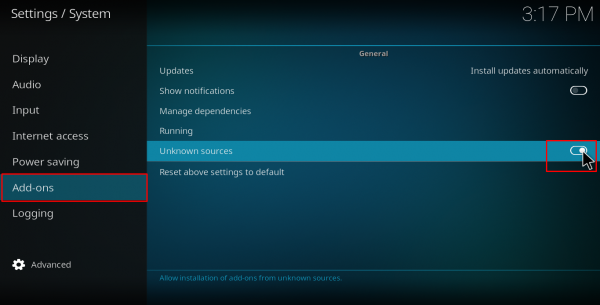 Screenshot of Kodi system settings screen