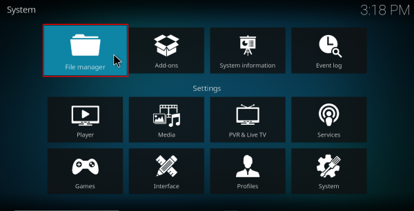 Screenshot of Kodi system file manager