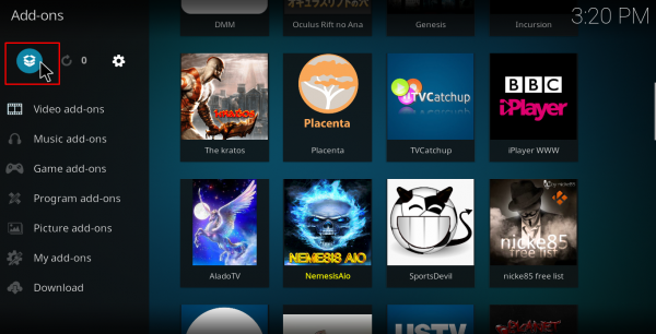 Screenshot of Kodi package installer button