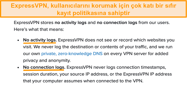 ExpressVPN'in web sitesindeki gizlilik politikasının ekran görüntüsü