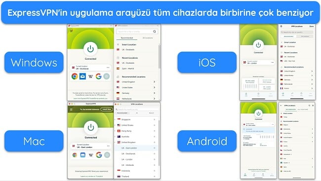 ExpressVPN'in Windows, Mac, iOS ve Android'deki uygulamalarının görüntüleri, tümü Birleşik Krallık sunucularına bağlı ve sunucu listesini gösteriyor.