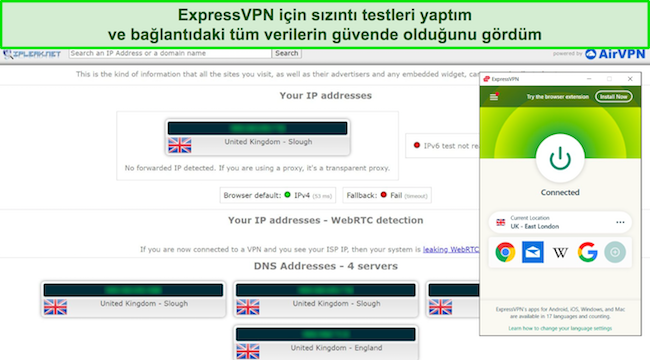 ExpressVPN'in sızıntı testini geçmesinin ekran görüntüsü