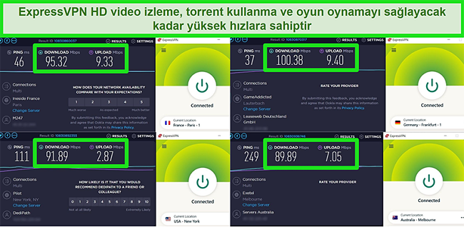 ExpressVPN'in küresel olarak farklı sunuculara bağlandığında hız testi sonuçlarının ekran görüntüleri