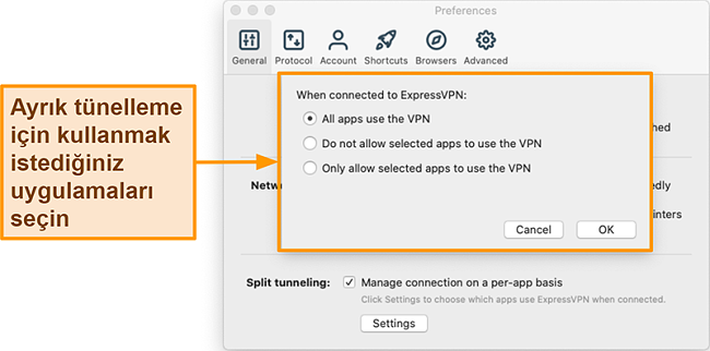 ExpressVPN uygulamasında bölünmüş tünelleme özelliğini kuran bir kullanıcının ekran görüntüsü