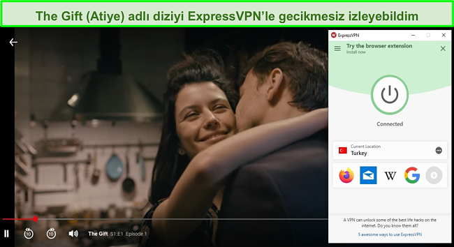 Türkiye'deki bir sunucuya bağlı ExpressVPN arayüzünün ekran görüntüsü Netflix'in The Gift (Atiye) akışının engelini aşıyor