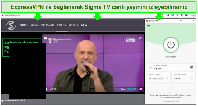 ExpressVPN aracılığıyla Kıbrıs'a bağlanarak mümkün kılınan bir Sigma TV canlı yayınındaki bir şarkıcının ekran görüntüsü