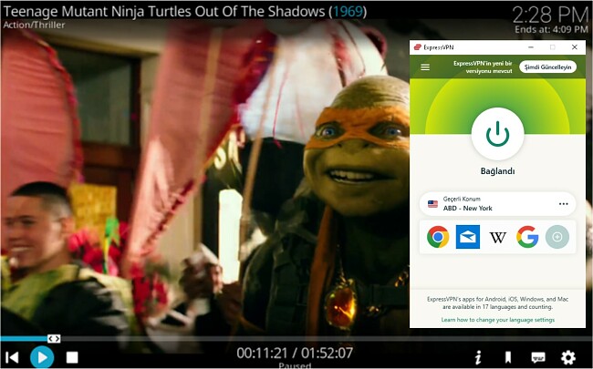 Kodi'nin bir ABD sunucusuna bağlı ve Teenage Mutant Ninja Turtle'ın engellemesini kaldıran ekran görüntüsü