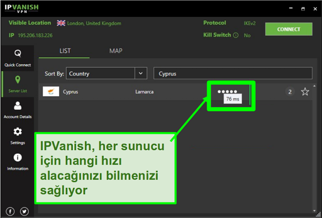 IPVanish'in Londra, Birleşik Krallık'taki hız derecelendirmesinin ekran görüntüsü. Bağlantı 76 ms