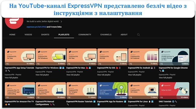Знімок екрана сторінки YouTube ExpressVPN, на якому показано всі посібники з налаштування та відеопосібники