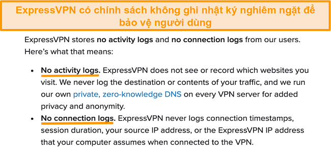 Ảnh chụp màn hình chính sách bảo mật của ExpressVPN trên trang web của mình