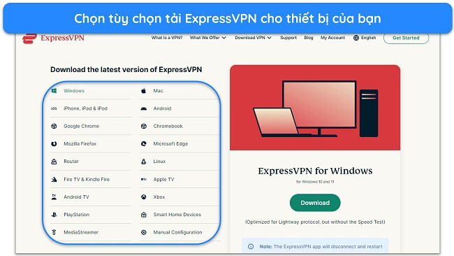 Ảnh chụp màn hình hiển thị trang tải xuống ExpressVPN và các thiết bị có sẵn