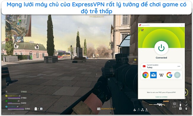 Hình ảnh trò chơi trực tuyến COD: Warzone đang diễn ra với ExpressVPN được kết nối với máy chủ ở Thổ Nhĩ Kỳ.