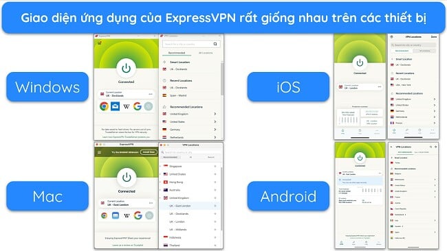 Hình ảnh các ứng dụng của ExpressVPN trên Windows, Mac, iOS và Android, tất cả đều được kết nối với máy chủ ở Vương quốc Anh và hiển thị danh sách máy chủ.