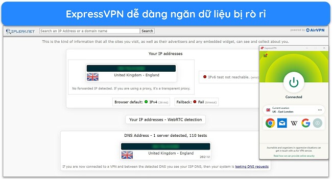 Hình ảnh ứng dụng Windows của ExpressVPN được kết nối với máy chủ ở Vương quốc Anh, với kết quả kiểm tra rò rỉ cho thấy không có rò rỉ dữ liệu.