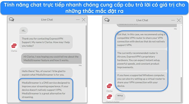 Hình ảnh cuộc trò chuyện trực tiếp của ExpressVPN, với một nhân viên trả lời các câu hỏi về tính năng MediaStreamer.