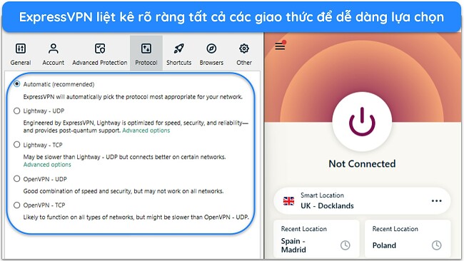 Hình ảnh ứng dụng Windows của ExpressVPN, hiển thị các giao thức có sẵn trong Tùy chọn ứng dụng.