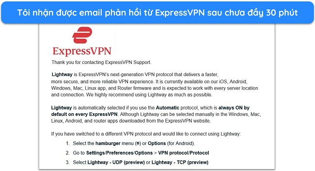 Ảnh chụp màn hình phản hồi email hỗ trợ ExpressVPN