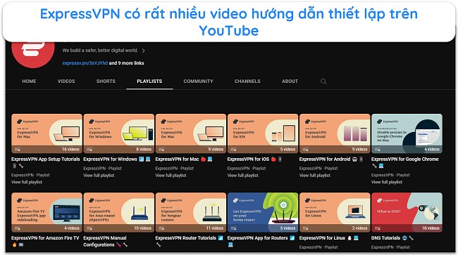 Ảnh chụp màn hình trang YouTube ExpressVPN hiển thị tất cả các hướng dẫn thiết lập và hướng dẫn bằng video