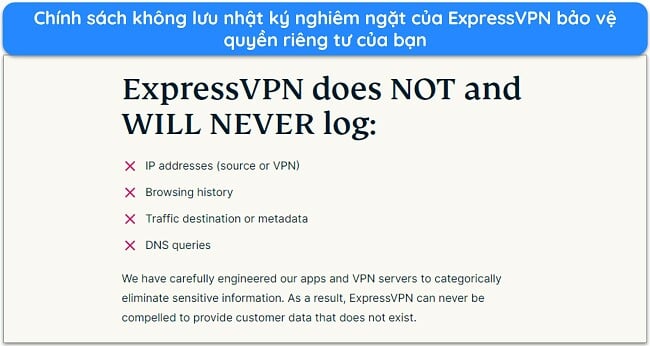 Hình ảnh trang web của ExpressVPN cho biết ExpressVPN sẽ không ghi lại dữ liệu nhận dạng cá nhân.