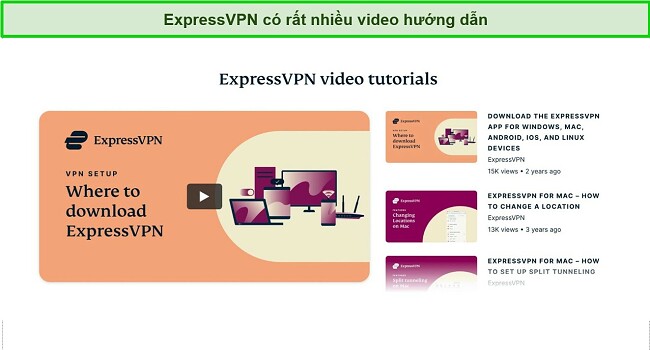 Ảnh chụp màn hình các video hướng dẫn trực tuyến của ExpressVPN trên trang web