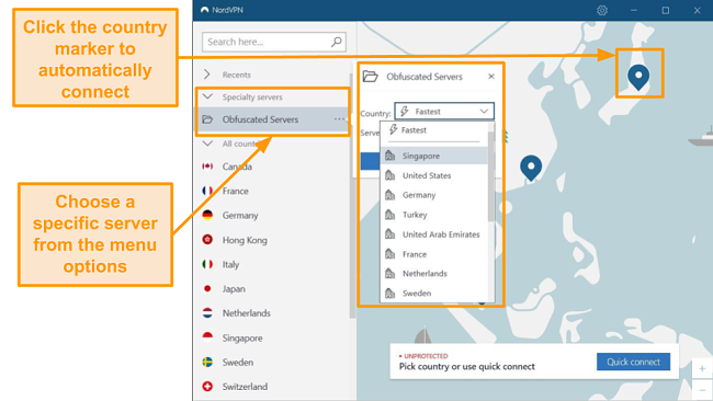 Screenshot of NordVPN's map interface showing how to connect to an obfuscated server