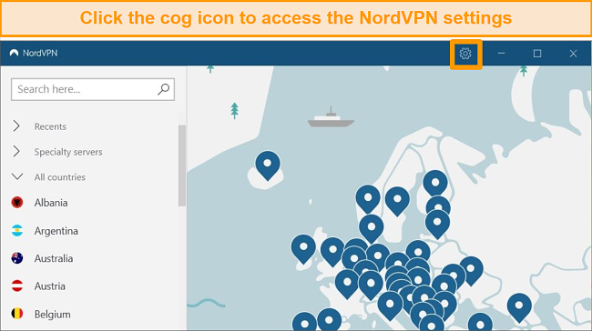 Screenshot of NordVPN main interface with Settings cog icon highlighted
