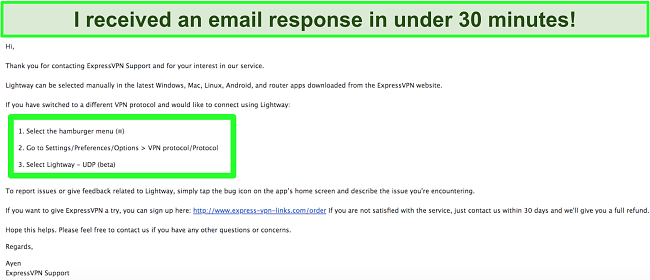 ExpressVPN customer support email response screenshot