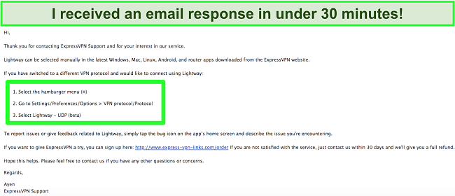 Screenshot of email conversation with ExpressVPN's customer support team about the LightWay protocol