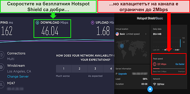 Екранна снимка на Hotspot Shield безплатно, свързана със сървър в САЩ, с резултатите от тест за скорост на Ookla, показващи добри скорости на изтегляне.