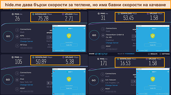 Екранни снимки на hide.me, свързани със сървъри в Холандия, Германия и САЩ, подчертаващи резултатите от теста за скорост на изтегляне и качване.