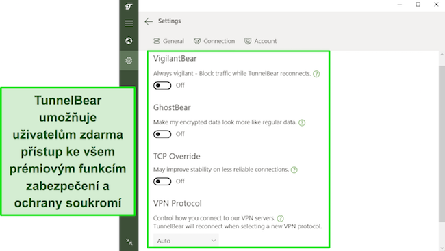 Snímek obrazovky bezpečnostních funkcí TunnelBear dostupných uživatelům zdarma