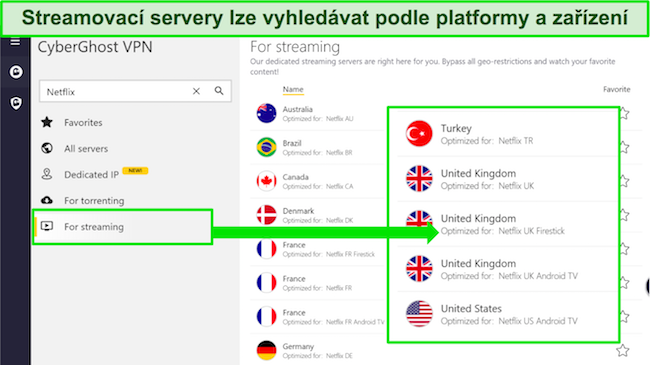 Snímek obrazovky CyberGhost VPN a jak používat servery optimalizované pro streamování